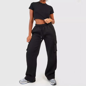 High Quality Wide Leg Sweatpants Womens Custom 350gsm Cargo Sweatpants Joggers With Pockets - Product Image 1