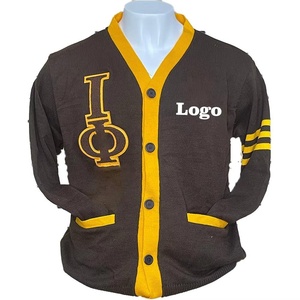 OEM/ODM Fraternité grecque | Iota Phi |   Cardigan en velours d'hiver pour femme, col en V, en acrylique tricoté, couleur marron doré, avec logo brodé - Product Image 2