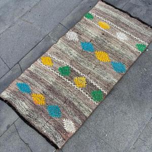 Vintage Small Rug 1.7x3.3 ft, <b>Brown</b> Yellow Floral Rug <b>Wool</b> - Product Image 3