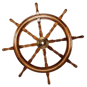 Roue de bateau de designer en bois fait à la main décoration murale roue de bateau en bois direction antique décorée avec incrustation de laiton - Product Image 1