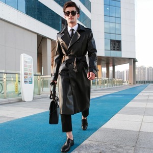 Men's Classic British Fashion Jacket Long Knee-Length Genuine Leather Trench Coat Double Breasted <b>Stand</b> Collar Thickened Vest - Product Image 2