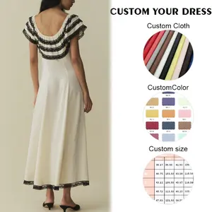도매 여성 새로운 사용자 정의 캐주얼 라운드 넥 와이드 넥 새틴 원피스 발목 A 라인 맞춤 밑단 트림 컬러 레이스 드레스