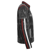 Blouson Moto Homme en Cuir Véritable Effet Vieilli, Style Cafe Racer, Noir avec Rayures Rouges, Col Montant, Cuir Ciré Vintage