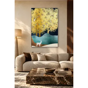 Impression sur toile Fida avec des arbres dorés et des cerfs blancs sur fond clair - Product Image 4