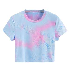 Camiseta corta informal para mujer con manga corta Tie-Dye cuello redondo recortado Camiseta básica Tops patrón impreso - Product Image 5
