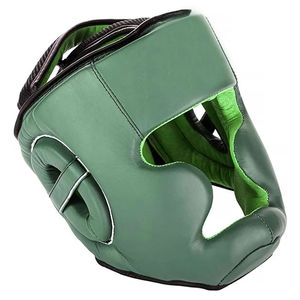 Logotipo personalizado MMA Head Guard Khaki Black Boxing Cascos para Thai Kickboxing Taekwondo Fight Combat Protección facial Hecho de cuero - Product Image 3