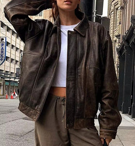 2025 chaqueta de cuero marrón de gran tamaño 90s mujer cuero genuino bombardero chaqueta de gran tamaño chaqueta de cuero de mujer PU - Product Image 1