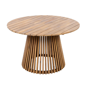 Ensemble de salle à manger moderne en teck à lattes pour espaces extérieurs, comprenant une table à base de lattes cylindriques et des fauteuils à lattes assortis, durable - Product Image 4