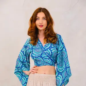 Blue Silk Wrap Top With Frill Sleeves Boho Wraparound Top Tank Tops Summer Wear Comfortable Indian Boho Dress Lady Girl