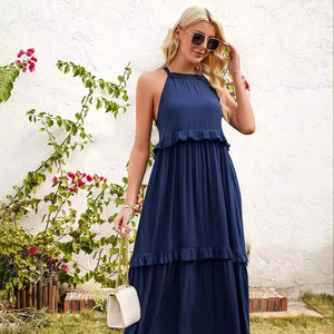 เดรสยาวสีน้ำเงินสไตล์ฤดูใบไม้ผลิและฤดูร้อนสำหรับผู้หญิง ผ้าเรยอน 100% ดีไซน์พันรอบตัว คอทรงกลม เหมาะสำหรับงานปาร์ตี้ - Product Image 1