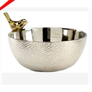 High Selling <b>Silver</b> Finished Round Shape Serving <b>Bowl</b> With Golden Bird Design - Product Image 1