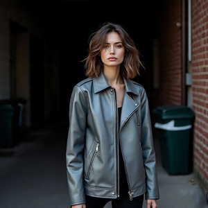 Chaquetas de cuero genuino con cremallera para mujer, a la moda ropa de exterior, chaqueta de motorista, abrigo de cuero de oveja con cuello vuelto para mujer - Product Image 4