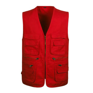 Nuevos chalecos transpirables para hombre, chaqueta vaquera sin mangas, chaleco rojo y negro con muchos bolsillos, chaleco deportivo al aire libre de Color rojo, servicio OEM - Product Image 1