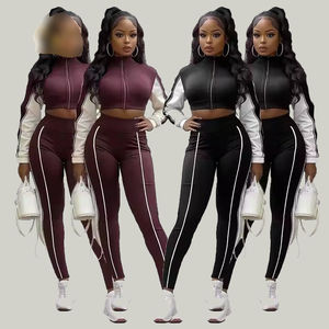 2025 de talla grande para mujer, conjunto de verano, Top corto, traje de terciopelo de dos piezas con bolsillo con cremallera, manga larga - Product Image 1