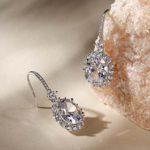 Boucles d'oreilles pendantes Jeulia Halo en argent sterling à coupe ovale - Product Image 5