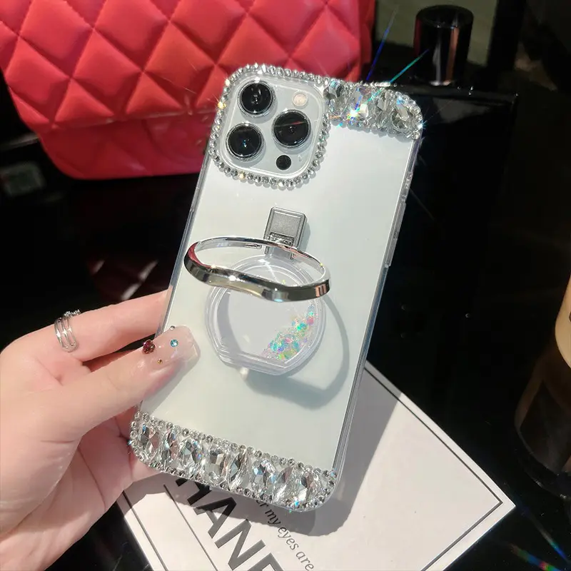 High quality luxury Design women girl Bling acrylic glitter transparent quicksand Phone Case for iphone 13 14 Max phone stand