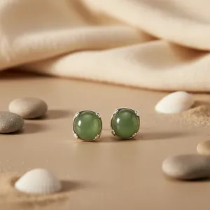 Boucles d'oreilles classiques en argent et jade pour femme, serties clos, pierre précieuse verte, bijoux cadeau - Product Image 3