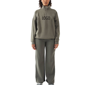 2026 Organic Cotton Ladies <b>Clothes</b> Boxy Fit Training 2PCS Set Athleisure Fall Winter Causal Apparel Half Zipper Collar Sweatsuit - Product Image 5