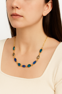 Hecho a mano elegante declaración joyería chapada en oro Londres azul cuarzo y verde amatista cadena collar moda cadenas collares - Product Image 2