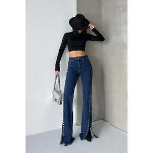 กางเกงยีนส์ผู้หญิงดีไซน์เก๋ไก๋พร้อมรอยผ่าชายกางเกงสุดทันสมัยเพื่อลุคที่มีสไตล์ - Product Image 1