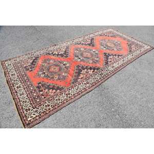 พรมตุรกีโบราณแบบคลาสสิกขนาด5x11ฟุตผ้าวูลดีไซน์เย็บปะสีแดงและสีดำมีแผ่นยางรองแบนสำหรับห้องนั่งเล่นหรือโถงทางเดิน - Product Image 3