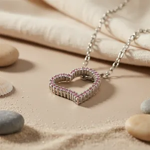 Collier pendentif en argent 925 avec saphir rose en forme de cœur pour femmes - Cadeau - Product Image 1