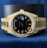 Montre analogique mécanique de luxe pour homme en acier inoxydable avec moissanite et diamants brillants taillés, verre serti, bouton poussoir