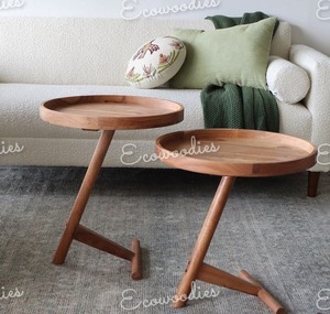 Juego de 2 mesas de bandeja de madera de acacia al mejor precio, taburete tipo bandeja de estilo moderno, consola con incrustaciones de hueso otomano para sala de estar y apartamento - Product Image 5