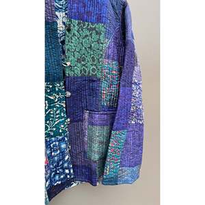 Veste matelassée patchwork à col mandarin, manches longues, boutonnée, en coton, pour femme, automne, motif bleu-vert, longueur standard - Product Image 4