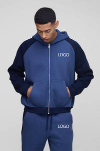 OEM Custom 2-Piece <b>Men's</b> Sporty <b>Jogger</b> Set <b>Navy</b> Oversize Hoodie Raglan Color Block Zipper Hoodie & Wide Leg Sweatpants Tracksuit - Product Image 2