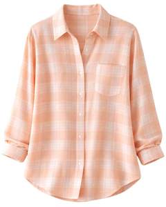 Camisa Oversize a Cuadros para Mujer, Color Melocotón, Manga Larga, Casual, de Franela, Estilo Túnica, Suave, Otoño-Invierno, Venta al por Mayor - Product Image 1