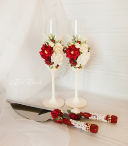 Ensemble de flûtes à champagne et de coupe-gâteau pour mariage, <span class=keywords><strong>bordeaux</strong></span> et ivoire, verres à champagne floraux, cadeau pour couple, fête de mariage, vente directe d'usine - Product Image 1