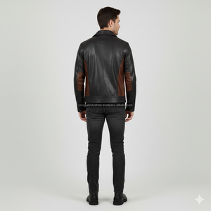Blouson en cuir véritable et toile marron et noir vintage pour homme, col montant, style motard, décontracté, streetwear, hiver, vente en gros sur mesure - Product Image 4