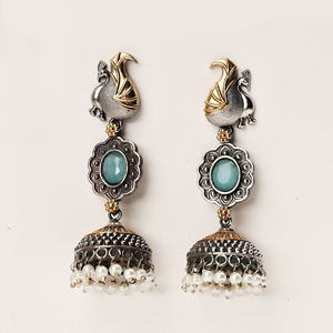 two tone <b>earring</b> oxidized silver peacock jhumka <b>earring</b> with <b>pearl</b> drop handmade gift fo her - Product Image 4