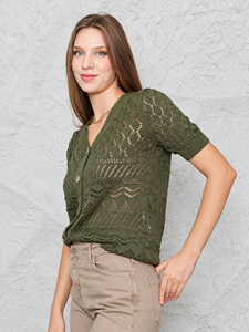 <b>Women's</b> Organic Cotton V-Neck <b>Cardigan</b>-<b>Short</b> Sleeve Pointelle Knit-Sustainable Hollow Blouse Buttons Translucent Ruched - Product Image 2