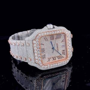 Montre analogique de luxe à prix imbattable, en or rose antique glacé, avec diamants, clarté VVS, moissanite, boîtier en acier étanche, cadran pour femme/homme - Product Image 1
