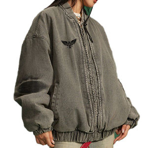 Blouson Bomber Unisexe en Denim Délavé Gris – Veste Décontractée Zippée Style Vintage Oversize Streetwear en Jean - Product Image 3