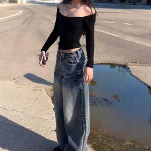 Pantalones vaqueros de pierna ancha teñidos con lazo marrón retro para mujer, pantalones vaqueros lavados rectos sueltos, pantalones vaqueros negros hechos a mano, otra categoría de producto - Product Image 4
