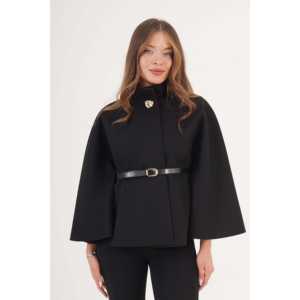 Ventes en gros de manteaux noirs pour femmes avec ceinture et style poncho à un seul bouton - Product Image 4