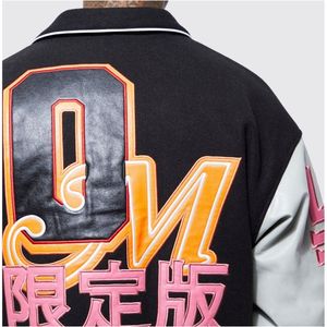 Veste de baseball universitaire pour hommes Coquille en cuir épais en toile imperméable et écologique Patches de corps d'hiver Patchwork - Product Image 5