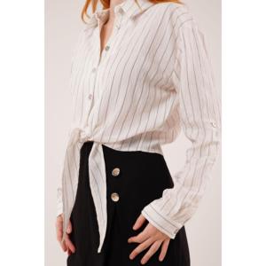 Chemisier à manches longues rayé blanc avec détail de nœud pour femme Lustrin - Chemise décontractée en mélange viscose et lin pour la vente en gros - Product Image 4