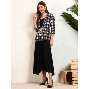 Vestido Maxi Deebaco para Mujer con Estampado de Corazones a Cuadros, Frente Abierto, Estilo Modesto, Manga Corta, Cuello Redondo, Cintura Natural - Product Image 3