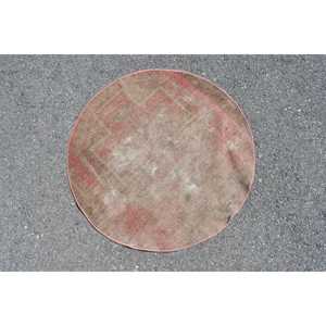 Turkish Vintage Rug, Round 2.7x2.7 ft (83x83 cm) Rug, <b>Red</b> Moroccan <b>Wool</b> Rug - Product Image 1