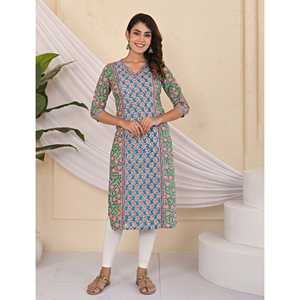 Robe longue décontractée pour femme en coton imprimé vert et bleu, style Kurti, respirante, taille XS, conçue sur mesure, pour club ou soirée. - Product Image 1