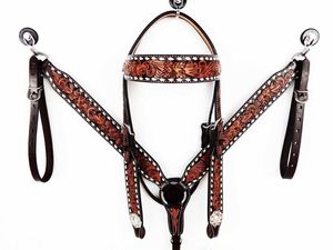 Juego de coraza de cabeza de caballo de carreras/equitación de estilo occidental ecuestre de cuero blanco Premium diseño de trenzado con herramientas florales - Product Image 1