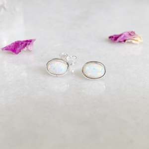 Elegant Oval White Opal <b>Stud</b> <b>Earrings</b> Width 6 Mm <b>Set</b> In Polished 925 <b>Sterling</b> <b>Silver</b> White Gemstone Special Occasion Party Wear - Product Image 1