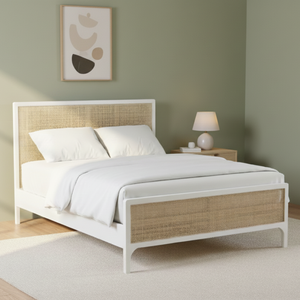 Lit en bois massif en acajou, taille king ou queen, avec design en rotin naturel peint en blanc, meubles pour la maison et l'hôtel - Product Image 4