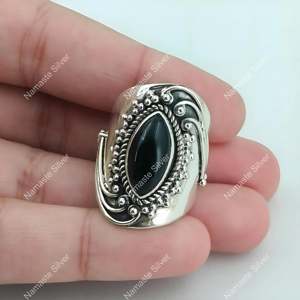 Handmade Boho <b>Statement</b> <b>Ring</b> Black Onyx 925 Sterling Silver Men's Marquise Style Gift for Her - Product Image 1