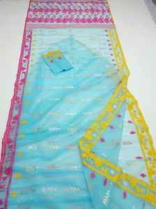 Nouveau Prix Exclusif Pas Cher Deshi Dhakai Jamdani Sharee pour Femme JAMDANI TISSU Bleu ROUGE VERT Doré Bleu Ciel du Bangladesh - Product Image 4