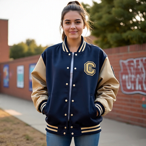 Women's Custom Embroidered Short Varsity Jacket Crop Button Down Bomber With Cotton Filling Long <b>Fabric</b> Material - Product Image 1